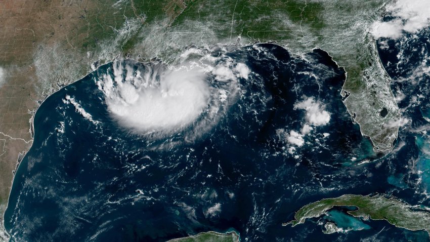 This satellite image released by NOAA shows Potential Tropical Cyclone Five before becoming Tropical Storm Edouard over the Gulf of Mexico on Monday, Aug. 31, 2026.