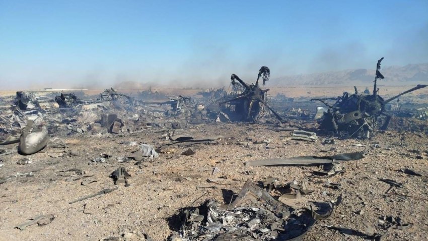 A view of wreckage and remains of a downed F-15 fighter jet is seen in Iran on April 5, 2026.