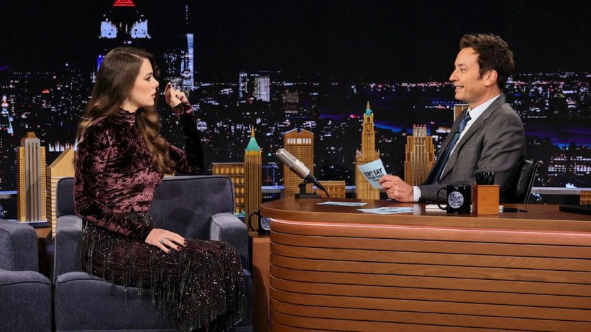 THE TONIGHT SHOW STARRING JIMMY FALLON &mdash; Episode 2349 &mdash; Pictured: (l-r) Actress Hailee Steinfeld and host Jimmy Fallon during the &ldquo;Don&rsquo;t Say The Same Thing&rdquo; Challenge on Tuesday, September 29, 2026 &mdash; (Photo by: Theo Wargo/NBC)