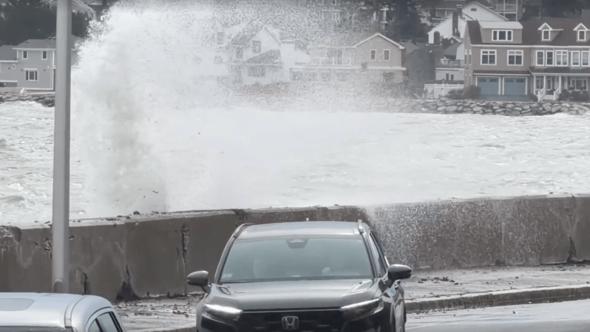 Splash over at high tide at Winthrop Parkway in Revere, Massachusetts, on Sept. 25. 2026.
