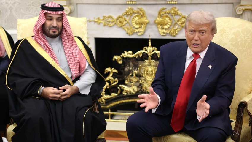U.S. President Donald Trump (R) speaks during a bilateral meeting with Crown Prince and Prime Minister Mohammed bin Salman of Saudi Arabia (L) in the Oval Office of the White House on November 18, 2025 in Washington, DC.