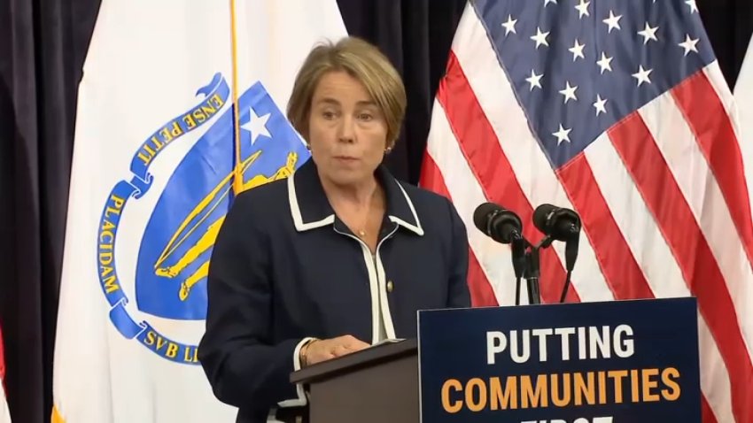 Gov. Maura Healey discusses measures to protect communities from the risks posed by data centers at a press conference on Sept. 8, 2026.