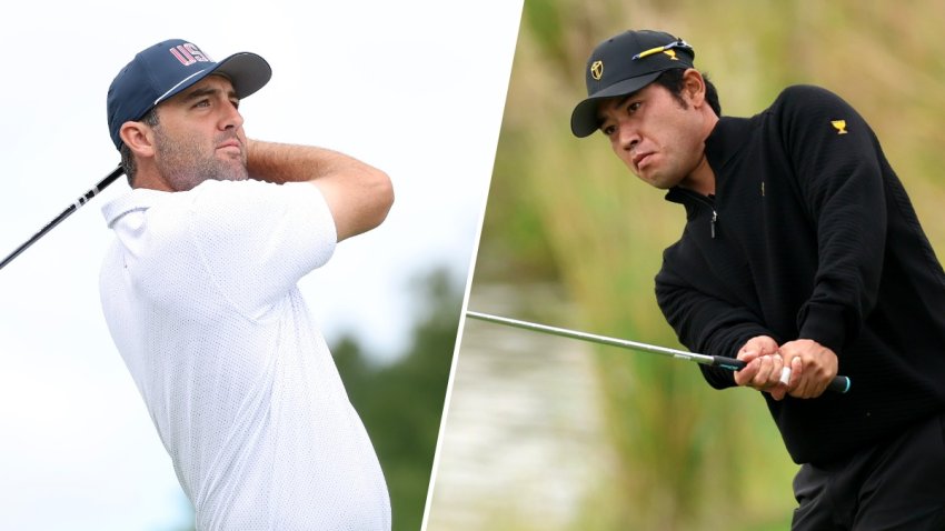 Split image of Scottie Scheffler and Hideki Matsuyama.