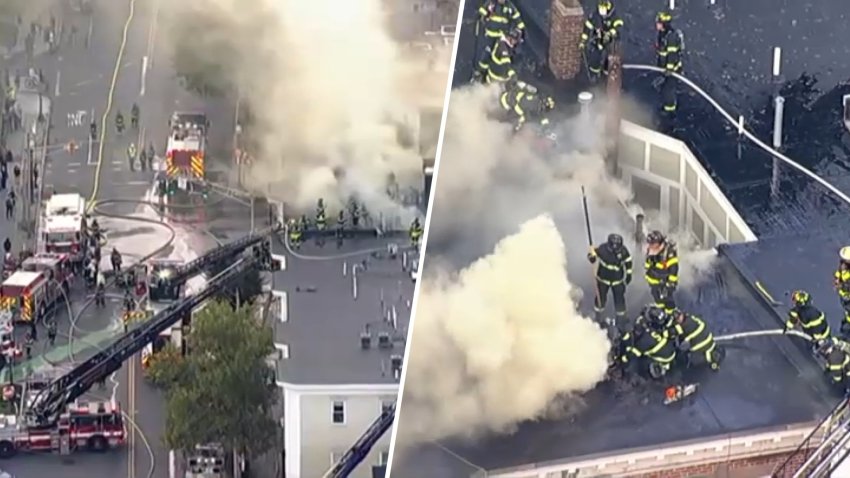 Smoke rising from a fire in Teele Square in Somerville, Massachusetts, on Wednesday, Sept. 30, 2026.
