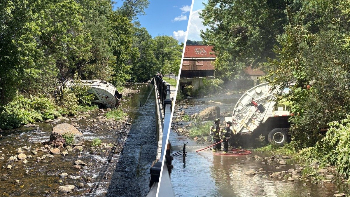2 people seriously injured after garbage truck crashes into river in Bristol, Conn.