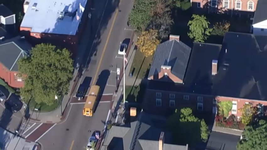 A picture of a school bus in Dedham, Massachusetts.