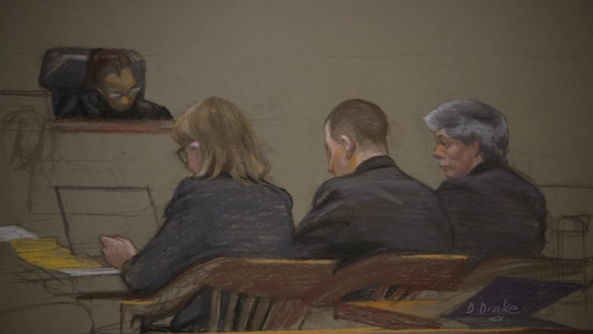 A courtroom sketch from the trial of former Stoughton, Massachusetts, police officer Matthew Farwell in a Boston courtroom on Tuesday, Oct. 13, 2026.