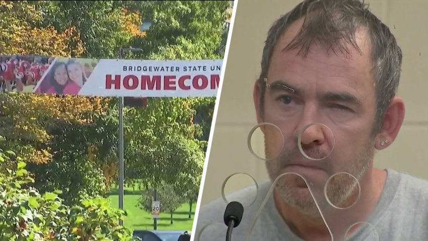 At left, a Homecoming sign at Bridgewater State University. At right, Steven Mayle in Brockton District Court on Monday, Oct. 5, 2026, to face charges in a serious crash at the school two days earlier.