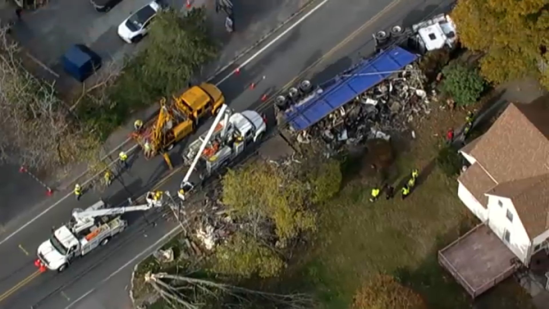 A truck on its side after crashing in Lynnfield, Massachusetts, on Wednesday, Oct. 28, 2026.